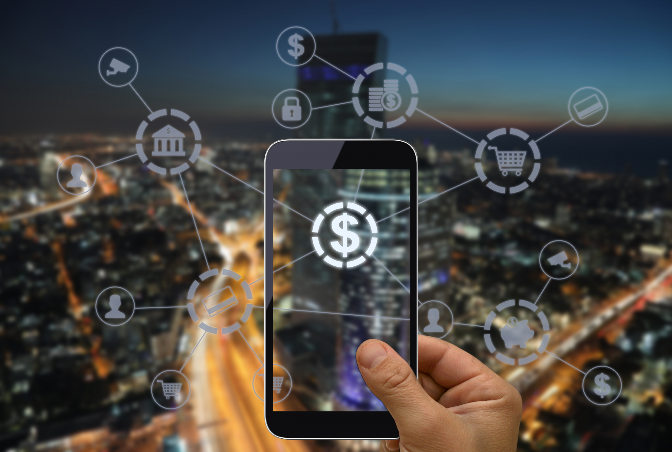 Smartphone showing programmable finance and digital dollar icons over a city skyline, representing stablecoins and GENIUS Act 2025 impact on enterprise finance.