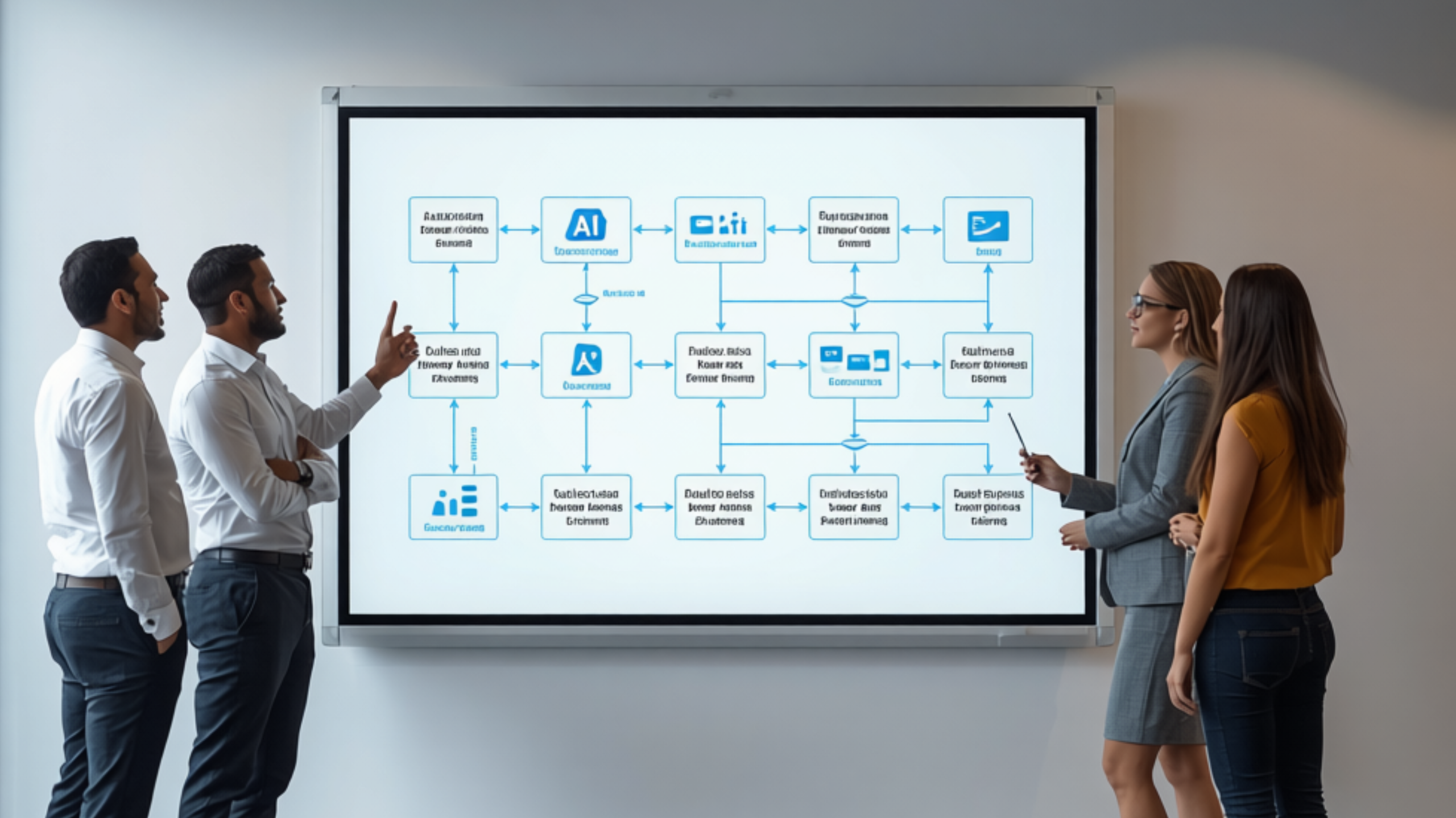 Mid-market leadership team evaluating AI model options on a whiteboard