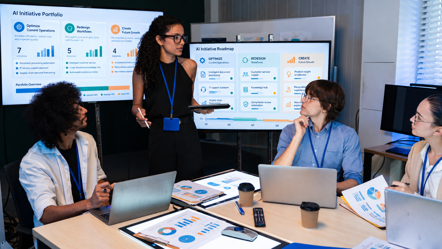 Executive team discussing AI value beyond efficiency through a balanced AI portfolio.