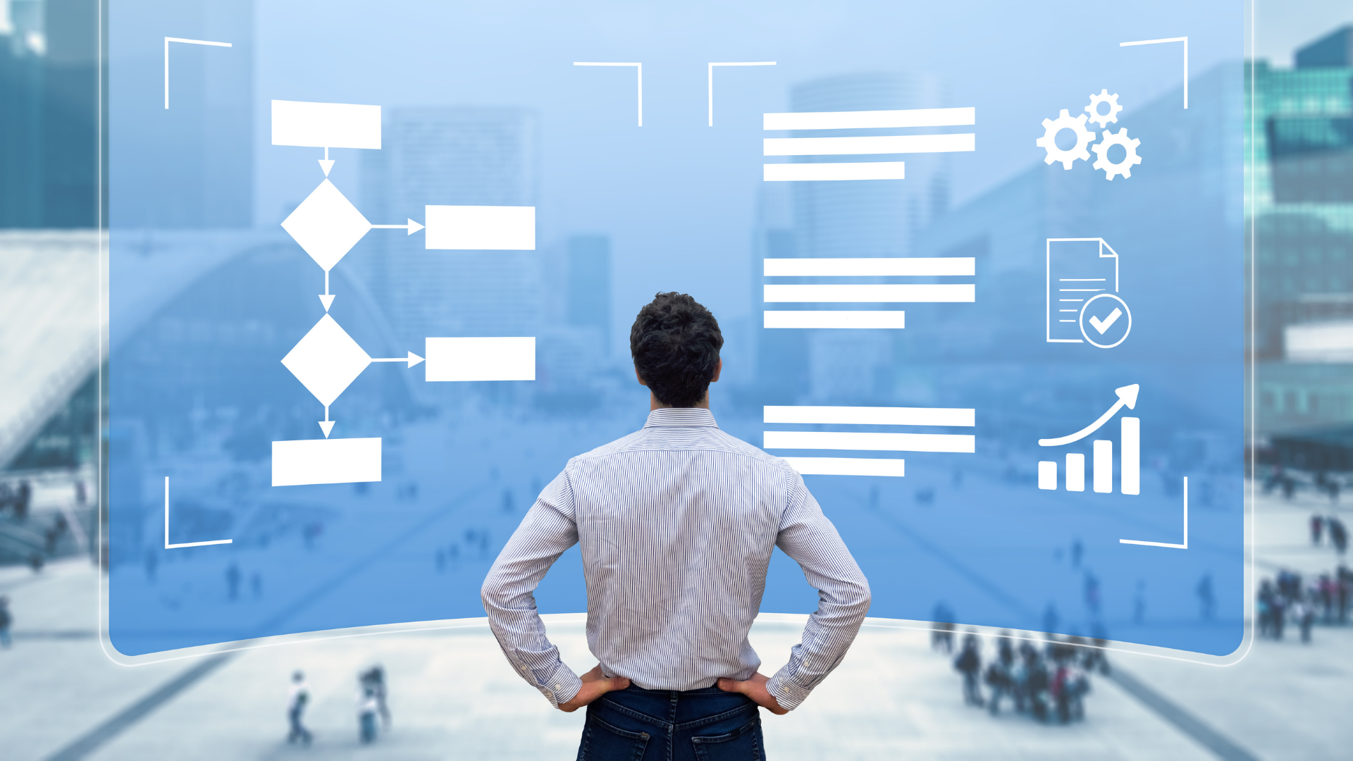Business leader reviewing a workflow diagram with approval and growth icons, illustrating how to redesign work for human-agent teams